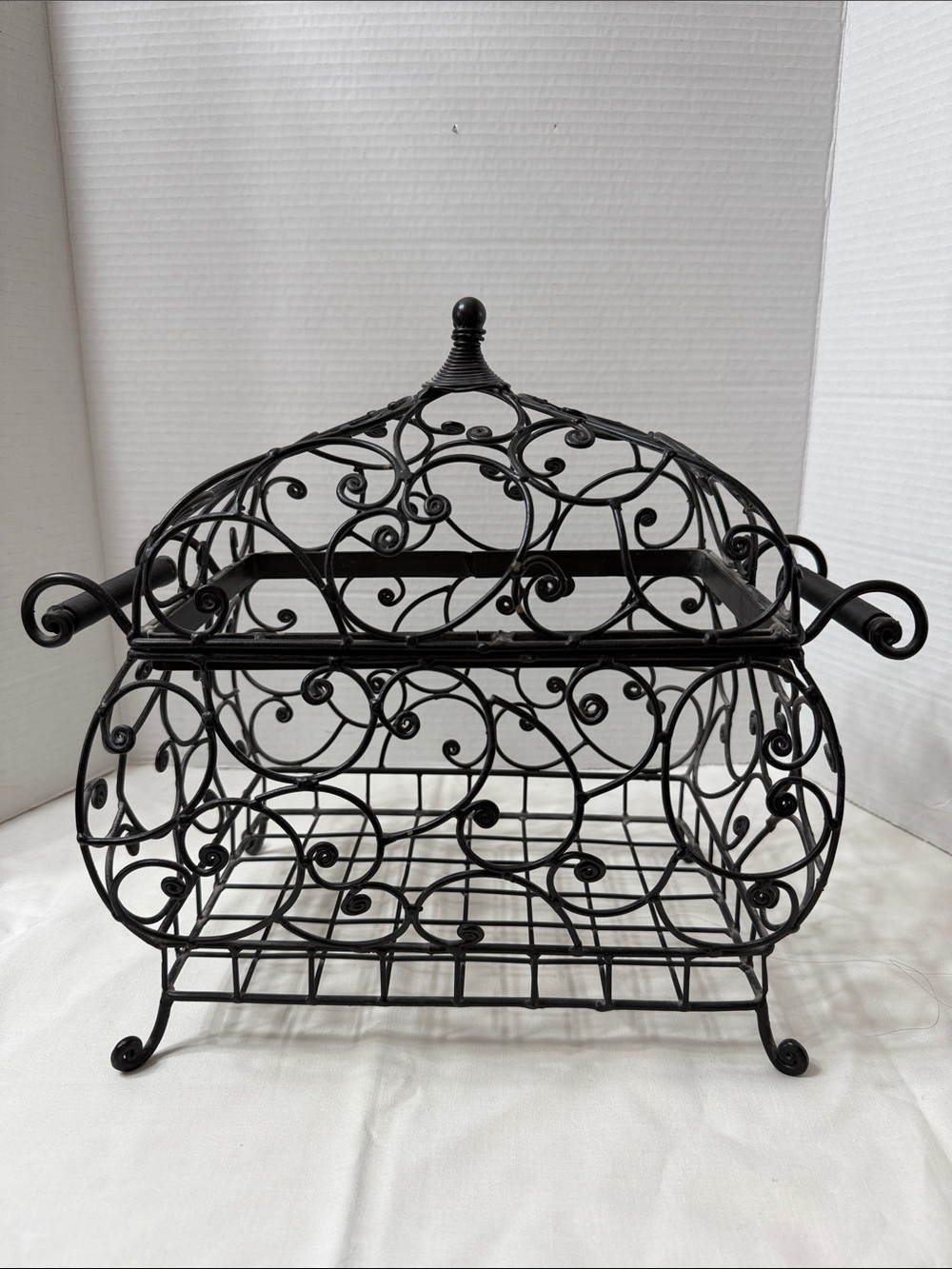 Vintage Wrought Iron Style Scrollwork Decorative Centerpiece Basket with Lid